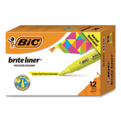 BIC® Brite Liner Tank-Style Highlighter, Fluorescent Yellow Ink, Chisel Tip, Yellow/Black Barrel, Dozen
