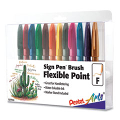 Pentel Arts® Sign Pen Brush Flexible Point Marker Pen, Fine Brush Tip, Assorted Colors, Dozen