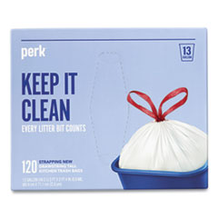 Perk™ Drawstring Tall Kitchen Trash Bags, 13 gal, 0.9 mil, 28" x 24", White, 120/Box