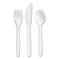 Perk™ Eco-ID Mediumweight Compostable Cutlery, Fork/Knife/Teaspoon, White, 120 Sets/Pack