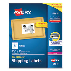 Avery® Shipping Labels w/ TrueBlock Technology, Laser Printers, 3.33 x 4, White, 6/Sheet, 100 Sheets/Box