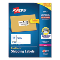 Avery® Shipping Labels w/ TrueBlock Technology, Laser Printers, 2 x 4, White, 10/Sheet, 250 Sheets/Box