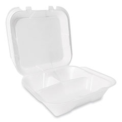Plastifar Foam Hinged Lid Container, Secure Two Tab Latch, Poly Bag, 3-Compartment, 9 x 9 x 3, White, 100/Bag, 2 Bags/Carton