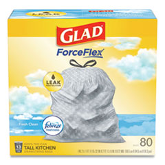 Glad® OdorShield Tall Kitchen Drawstring Bags, 13 gal, 0.72 mil, 24" x 27.38", White, 80/Box