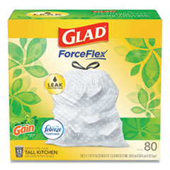 Glad® OdorShield Tall Kitchen Drawstring Bags, 13 gal, 0.95 mil, 24" x 27.38", White, 80/Box