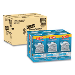 Glad® ForceFlexPlus OdorShield Tall Kitchen Drawstring Trash Bags, 13 gal, 0.9 mil, 24" x 28", White, 34 Bags/Box, 6 Boxes/Carton