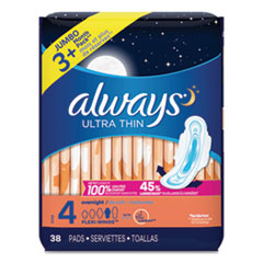 Always® Ultra Thin Overnight Pads with Wings, 38/Pack, 6 Packs/Carton