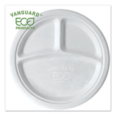 Eco-Products® Vanguard Renewable and Compostable Sugarcane Plates, 3-Compartment, 10" dia, White, 500/Carton