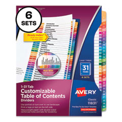 Avery® Customizable Table of Contents Ready Index Multicolor Dividers, 31-Tab, 1 to 31, 11 x 8.5, White, 6 Sets