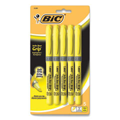 BIC® Brite Liner Grip Pocket Highlighter, Fluorescent Yellow Ink, Chisel Tip, Yellow/Black/Silver Barrel, 5/Pack