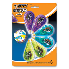 BIC® Wite-Out Brand Mini Correction Tape, Non-Refillable, Blue/Purple/Yellow Applicators, 0.2" x 314.4", 6/Pack