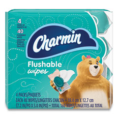 Charmin® Flushable Wipes, 1-Ply, 5 x 7.2, Unscented, White, 40 Wipes/Tub, 4 Tubs/Pack