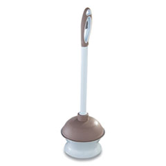 Quickie® Plastic Toilet Plunger and Caddy with Microban, 16" Plastic Handle, 6.5" dia, White/Taupe