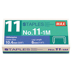 Max® No. 11 Mini Staples for HD-11FLK, 1/4" Leg, 3/8"Crown Flat Clinch, 1,000/Box