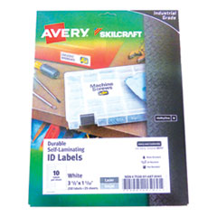 7530016878443, SKILCRAFT AVERY Durable Self-Laminating ID Labels, 1.03 x 3.5, White, 10/Sheet, 25 Sheets/Pack