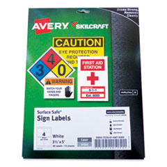 7530016875089, SKILCRAFT AVERY Surface Safe Sign Labels, 3.5 x 5, White, 4/Sheet, 15 Sheets/Box, 12 Boxes/Carton