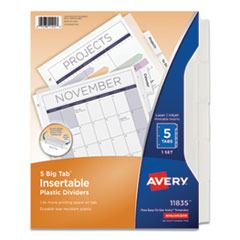 Avery® Insertable Big Tab Plastic Dividers, 5-Tab, 11 x 8.5, Clear, 1 Set