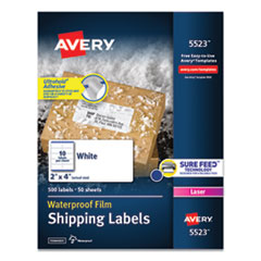Avery® Waterproof Shipping Labels with TrueBlock and Sure Feed, Laser Printers, 2 x 4, White, 10/Sheet, 50 Sheets/Pack