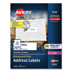 Avery® Waterproof Address Labels with TrueBlock and Sure Feed, Laser Printers, 1.33 x 4, White, 14/Sheet, 50 Sheets/Pack