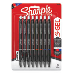 Sharpie® S-Gel™ S-Gel High-Performance Gel Pen, Retractable, Medium 0.7 mm, Three Assorted Ink Colors, Black Barrel, 8/Pack