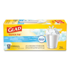 Glad® OdorShield Quick-Tie Small Trash Bags, 4 gal, 0.5 mil, 8" x 18", White, 26 Bags/Box, 6 Boxes/Carton