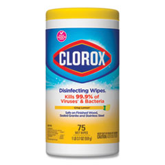 Clorox® Disinfecting Wipes, 1-Ply, 7 x 7.75, Crisp Lemon, White, 75/Canister