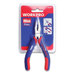 Workpro® Mini Long Nose Pliers, 5" Long, Ni-Fe-Coated Drop-Forged Carbon Steel, Blue/Red Soft-Grip Handle