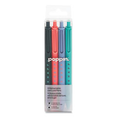 Poppin Work Happy Gel Pen, Retractable, Fine 0.7 mm, Black Ink, Assorted Barrel Colors, 4/Pack