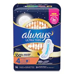Always® Ultra Thin Overnight Pads with Wings, 36/Pack, 6 Packs/Carton