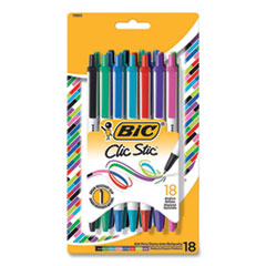 BIC® Clic Stic Ballpoint Pen, Retractable, Medium 1 mm, Assorted Ink Colors, White Barrel, 18/Pack