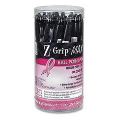 Zebra® Z-Grip MAX Breast Cancer Awareness Ballpoint Pen, Retractable, Bold 1.2 mm, Black Ink, Silver/Black Barrel, 24/Pack