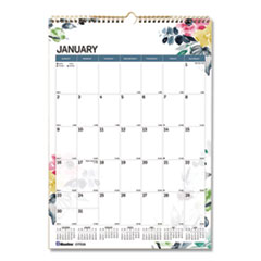 Blueline® 12-Month Colorful Wall Calendar, Watercolor Floral Artwork, 12 x 17, White/Multicolor Sheets, 12-Month (Jan to Dec): 2022
