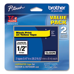 Brother P-Touch® TZe Standard Adhesive Laminated Labeling Tape, 0.47" x 26.2 ft, Black on Yellow, 2/Pack