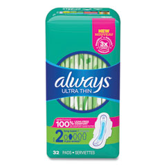 Always® Ultra Thin Pads with Wings, Size 2, Long, Super Absorbent, 32/Pack