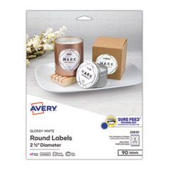 Avery® Round Print-to-the Edge Labels with SureFeed, 2.5" dia, Glossy White, 90/PK