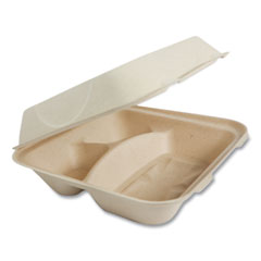 World Centric® Fiber Hinged Containers, 3-Compartments, 9 x 9 x 3, Natural, 300/Carton