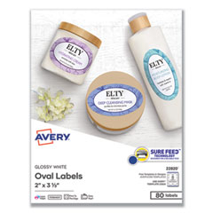 Avery® Oval Labels w/ Sure Feed and Easy Peel, 2 x 3.33, Glossy White, 80/Pack