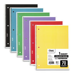 Mead® Spiral Notebook, 1 Subject, Medium/College Rule, Assorted Covers, 10.5 x 8, 70 Sheets, 6/Pack