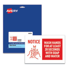 Avery® Preprinted Surface Safe Wall Decals, 10 x 7, Wash Hands for at Least 20 Seconds, White/Red Face, Red Graphics, 5/Pack