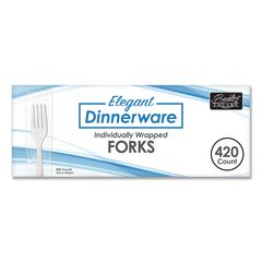Elegant Dinnerware Heavyweight Cutlery, Individually Wrapped, Fork, Plastic, White, 420/Box BSQ90185