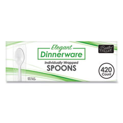 Berkley Square Elegant Dinnerware Heavyweight Cutlery, Individually Wrapped, Teaspoon, White, 420/Box