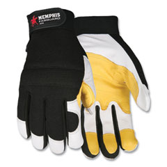 MCR™ Safety Goatskin Leather Palm Mechanics Gloves, Black/Yellow/White, Medium