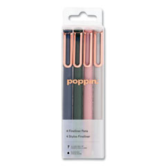 Poppin Fineliner Porous Point Pen, Stick, Fine 0.5 mm, Black Ink, Assorted Barrel Colors, 4/Pack