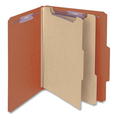 Smead™ Pressboard Classification Folders, Six SafeSHIELD Fasteners, 2" Expansion, 2 Dividers, Letter Size, Red, 10/Box