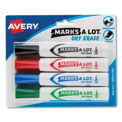 Avery® MARKS A LOT Desk-Style Dry Erase Marker, Broad Chisel Tip, Assorted Colors, 4/Set (24409)