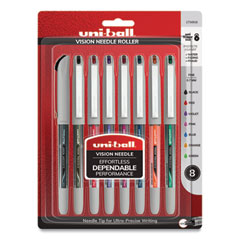 uni-ball® VISION Needle Roller Ball Pen, Stick, Fine 0.7 mm, Assorted Ink Colors, Silver Barrel, 8/Pack