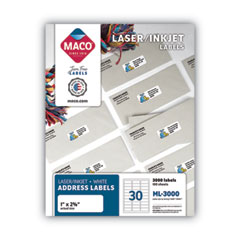 MACO® White Laser/Inkjet Shipping Address Labels, Inkjet/Laser Printers, 1 x 2.63, White, 30 Labels/Sheet, 100 Sheets/Box