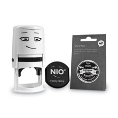 NIO® Stamp with Voucher and Fancy Gray Ink Pad, Self-Inking, 1.56" Diameter