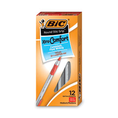 BIC® Round Stic Grip Xtra Comfort Ballpoint Pen, Stick, Fine 0.8 mm, Red Ink, Gray/Red Barrel, Dozen