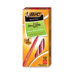 BIC® Round Stic Xtra Life Ballpoint Pen, Stick, Medium 1 mm, Red Ink, Translucent Red Barrel, Dozen
